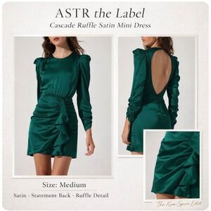 NWT ASTR The Label Green Open Back Puff Sleeve Ruffle Mini Dress M
